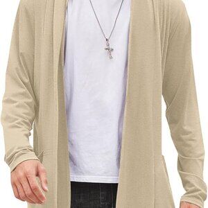 Men's Long Hooded Cardigan Shawl Collar Lightweight Open Front Drape Cape Overco